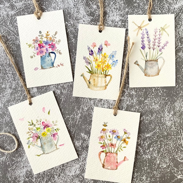 Wateringcan with  flower gift tags, Original watercolor painting, set of 10, size 2.3”x3.5”, Handmade gift tags, flower gift tags, gift tags