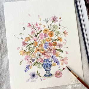 Printemps dans un vase bleu, Original peint à la main, aquarelle, Pas une impression, 20 x 25 cm, art botanique, art coloré, art mural, art floral, mignon