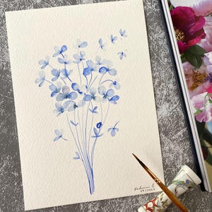 Fleurs bleues simples, originales peintes à la main, décoration murale, aquarelle, pas une impression, 6 x 8 pouces, art botanique, art, art mural, art floral