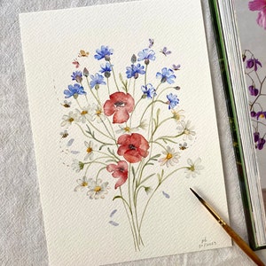Wild Wiesenblumen, Original handgemalt, Aquarell, kein Druck, 15x20cm, botanische Kunst, Kunst, Wandkunst, Blumenkunst