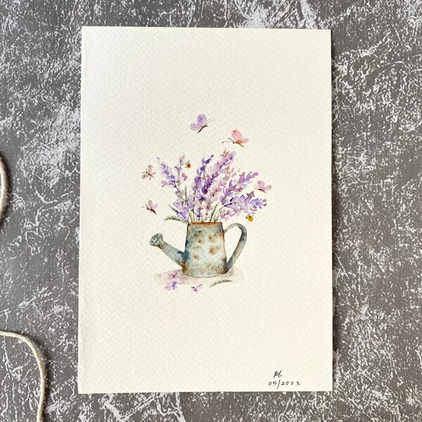 Lavender watering can, Original hand painted, wall decor, watercolour art, Not a print, 5”x 7”, botanical art, art, wall art, floral art