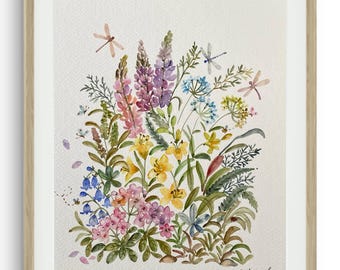 Original Watercolor Painting: Summer Garden Dance, Floral Wall Art (8x10 Unframed)