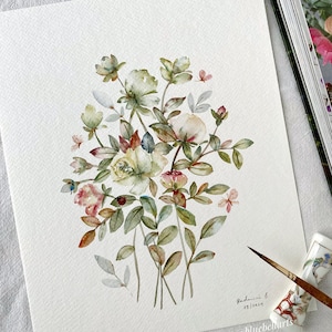 Serene bloemen, originele handgeschilderde, aquarelkunst, geen afdruk, 8 x 10", botanische kunst, kleurrijke kunst, kunst aan de muur, bloemsierkunst, schattige kunst