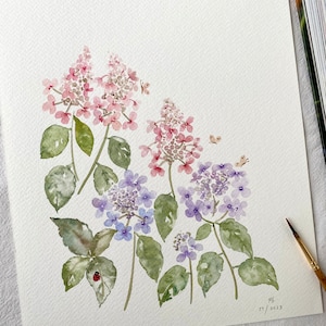Fleurs d'hortensia, originales peintes à la main, décoration murale, aquarelle, pas une impression, 20 x 10 cm, art botanique, art, art mural, art floral,