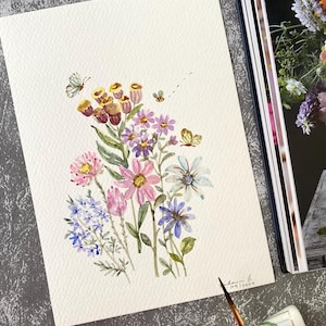 Jardín de flores ornamentales, original pintado a mano, decoración de pared, arte de acuarela, no es una impresión, 6 "x 8", arte botánico, arte, arte de pared, arte floral