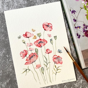 Jardín de amapolas, original pintado a mano, decoración de pared, arte de acuarela, no es una impresión, 6 "x 8", arte botánico, arte, arte de pared, arte floral
