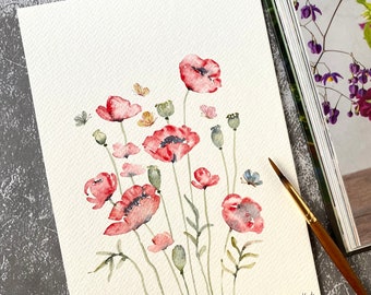 Poppy flower garden, Original hand painted, wall decor, watercolour art, Not a print, 6”x 8”, botanical art, art, wall art, floral art