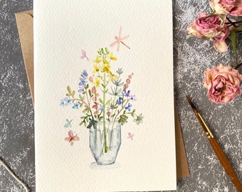 Flower vase greeting card, Watercolor greeting card, Original watercolor painting, Birthday card, Handmade card with envelope, blank card,