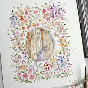 Jardin fantaisiste, Original peint à la main, décoration murale, Aquarelle originale, Pas une impression, 20 x 25 cm, art, art coloré, art mural, amoureux des chats
