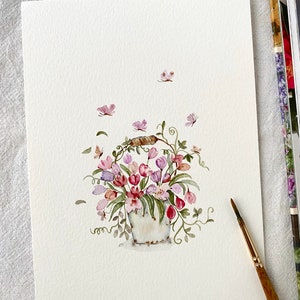 Blumenkorb, Original, handgemalt, Aquarell, kein Druck, 13 x 18 cm, botanische Kunst, Kunst, Wandkunst, Blumenkunst, niedliche Kunst