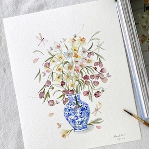 Fleurs de printemps, Original peint à la main, aquarelle, Pas une impression, 20 x 25 cm, art botanique, art coloré, art mural, art floral, art mignon