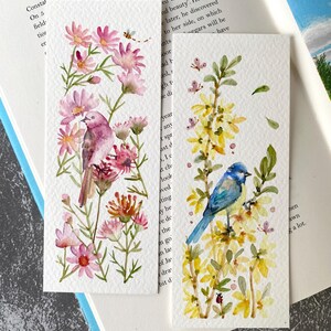 Marcadores de pássaros, pintura em aquarela original, conjunto de 2, tamanho 2,3” x 6”, marcador feito à mão, presente para leitores e amantes de livros, arte floral, arte para presente