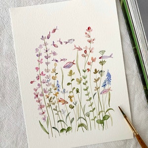 Sereniteit, origineel handgeschilderd, wanddecor, aquarelkunst, geen afdruk, 5 x 7 inch, botanische kunst, kunst aan de muur, bloemsierkunst, kleurrijke kunst