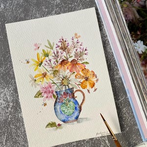 Vaso de flores de lírio, Original pintado à mão, decoração de parede, arte em aquarela, Não é uma impressão, 5”x 7”, arte botânica, arte colorida, arte de parede, arte floral