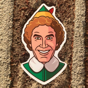 May include: A cartoon illustration of Buddy the Elf from the movie Elf. He is wearing a green and yellow elf hat and a green and white elf suit. He has brown hair and a big smile.