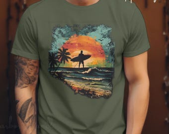 Camiseta gráfica vintage de surfista con diseño de atardecer en la playa