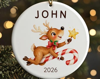Personalized Ceramic Reindeer Ornament, Baby's First Christmas Keepsake 2026, Cute Newborn Gift, Whimsical Holiday Nursery Decor