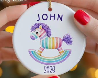 Custom Rocking Horse, Personalized Baby's First Christmas Ornament 2026, Nursery Keepsake, Newborn Girl or Boy, Ceramic with Free Gift Box