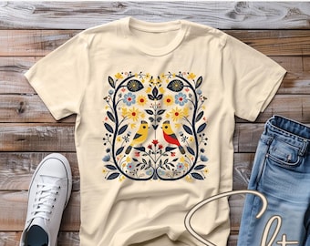 Scandinavian Art T-Shirt: Floral Bird Graphic - Unisex Nature Tee