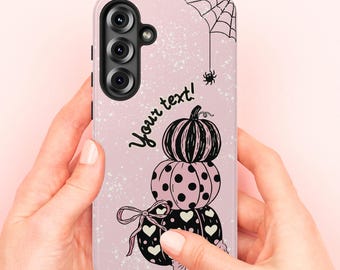 Personalized Fall Pink Pumpkin Halloween Phone Case, Shabby Chic Autumn Decor, Custom Name Boo Case for iPhone 17, Samsung S26 S25, Pixel 9