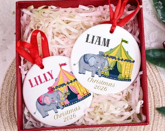 Baby's First Christmas Ornament 2026, Personalized Circus Elephant Ornament, Custom Name Baby Gift, Whimsical Nursery Holiday Decor