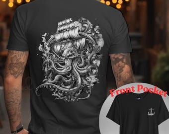 Kraken Pirate T-Shirt - Nautical Octopus Tee, Art Inspired Graphic Shirt, Sailor Gift, Pirate Ship Shirt, Sea Adventure Tee Gift for Him Her