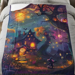 Halloween blanket design featuring a magical haunted house surrounded by glowing pumpkins, twinkling lights, bats, and colorful autumn trees, with a small witch standing under a vibrant night sky.