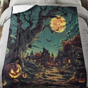 May include: A Halloween-themed blanket featuring a spooky village scene under a full moon. The design includes jack-o'-lanterns, bats, and a gnarled tree, creating a festive and eerie atmosphere. The blanket is draped over a bed.
