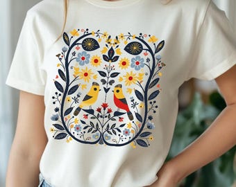 T-shirt de Noël scandinave - T-shirt à fleurs et oiseaux d'art folklorique