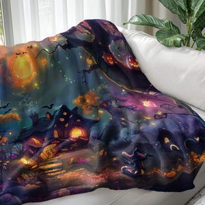 Halloween blanket design featuring a magical haunted house surrounded by glowing pumpkins, twinkling lights, bats, and colorful autumn trees, with a small witch standing under a vibrant night sky.