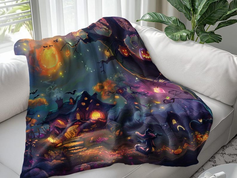 Halloween blanket design featuring a magical haunted house surrounded by glowing pumpkins, twinkling lights, bats, and colorful autumn trees, with a small witch standing under a vibrant night sky.