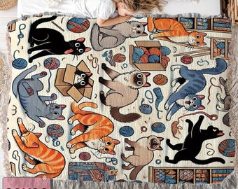 Cat & Yarn Woven Blanket – Whimsical Cotton Throw, Cat Lover Gift