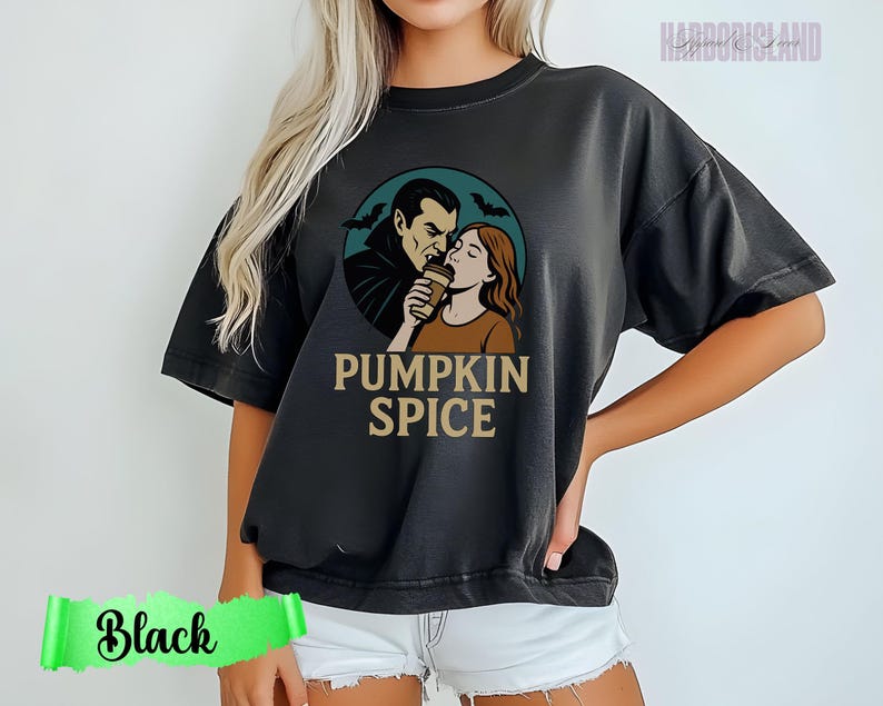 Pumpkin Spice Vampire Comfort Colors Tee, Spooky Halloween Graphic T-Shirt, Fall Coffee Lover Gift, Retro Autumn Aesthetic, Spooky Era Top image 1