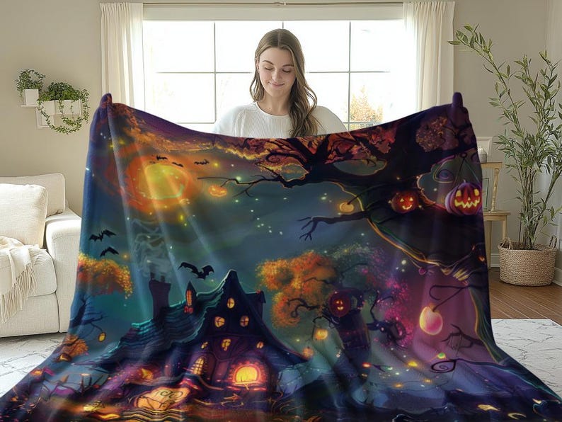 Halloween blanket design featuring a magical haunted house surrounded by glowing pumpkins, twinkling lights, bats, and colorful autumn trees, with a small witch standing under a vibrant night sky.
