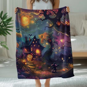 Halloween blanket design featuring a magical haunted house surrounded by glowing pumpkins, twinkling lights, bats, and colorful autumn trees, with a small witch standing under a vibrant night sky.