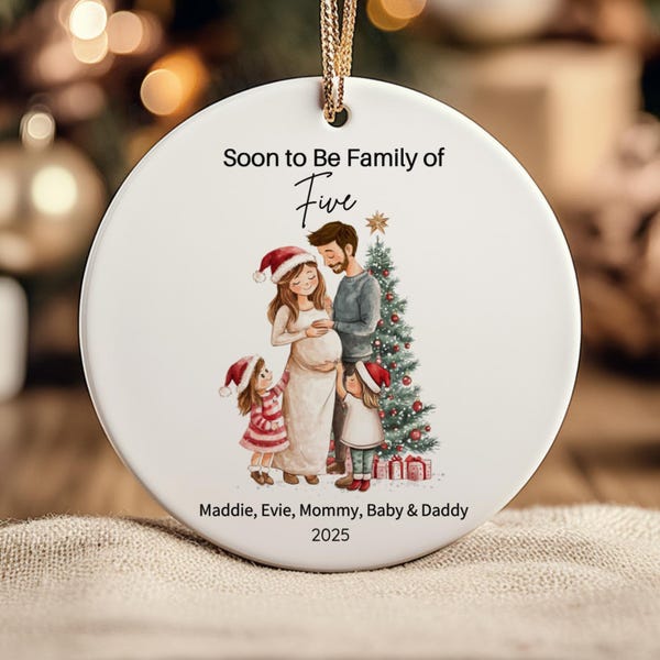 Family of 5 Christmas Ornament, Pregnancy Announcement Gift, Custom Ceramic Keepsake