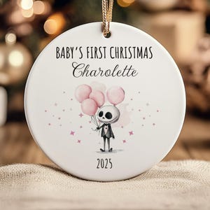 Baby's First Christmas Ornament: Gothic Skeleton with Pink Balloons (Custom Text) with Gift Box