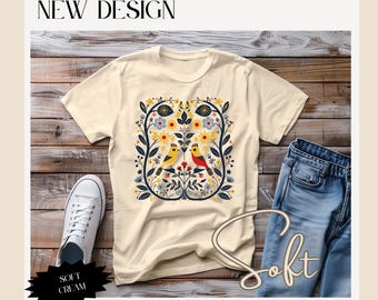 Flower Shirt, Bird Scandinavian Art T-Shirt, Vintage Folk Art, Vintage Flower tee, Nature Lover Top for Men and Women, Unisex Nordic Design