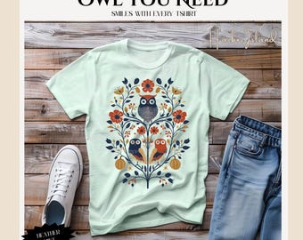 Cottagecore Shirt, Nordic Flowers, Norwegian Gifts, Scandinavian Birds, Cozy Design for a Timeless Look