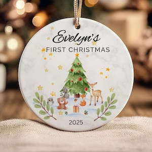 Baby's First Christmas Ornament: Woodland Creatures - Personalized Ceramic with Gift Box