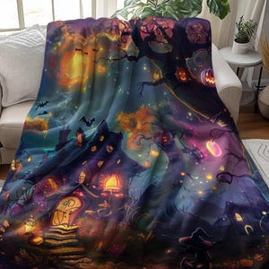 Halloween blanket design featuring a magical haunted house surrounded by glowing pumpkins, twinkling lights, bats, and colorful autumn trees, with a small witch standing under a vibrant night sky.