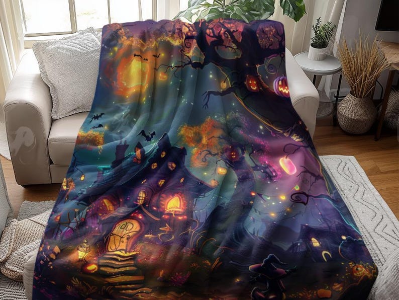 Halloween blanket design featuring a magical haunted house surrounded by glowing pumpkins, twinkling lights, bats, and colorful autumn trees, with a small witch standing under a vibrant night sky.