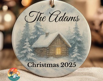 Rustic Snowy Cabin Ornament, Mountain Scene, Ceramic (Personalized with Name & Year) with Gift Box