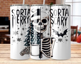 Sorta Merry Sorta Scary Skeleton Tumbler - Christmas Halloween Travel Mug