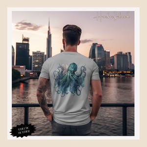 Ocean Lover&#39;s Octopus Tee, Double-Sided Art (Minimalist Wave Front)