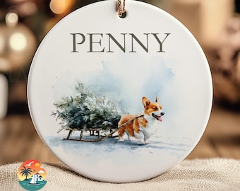 Personalized Dog Ornament Corgi Christmas Tree Custom Name Matte Ceramic Keepsake with Gift Box