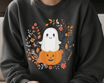 ハロウィンシーズンのゴーストスウェットシャツ - 快適な秋のクルーネックアパレル - ハロウィングラフィックユニセックスプルオーバー