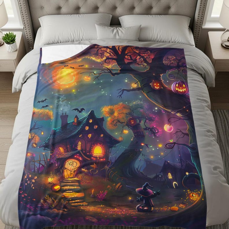 Halloween blanket design featuring a magical haunted house surrounded by glowing pumpkins, twinkling lights, bats, and colorful autumn trees, with a small witch standing under a vibrant night sky.