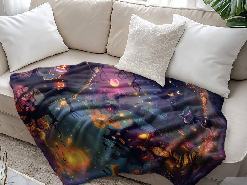 Halloween blanket design featuring a magical haunted house surrounded by glowing pumpkins, twinkling lights, bats, and colorful autumn trees, with a small witch standing under a vibrant night sky.