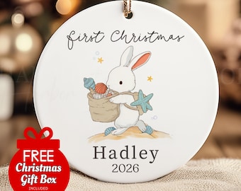 First Christmas Beach Ornament Personalized Bunny Custom Name Keepsake 2026 Free Gift Box